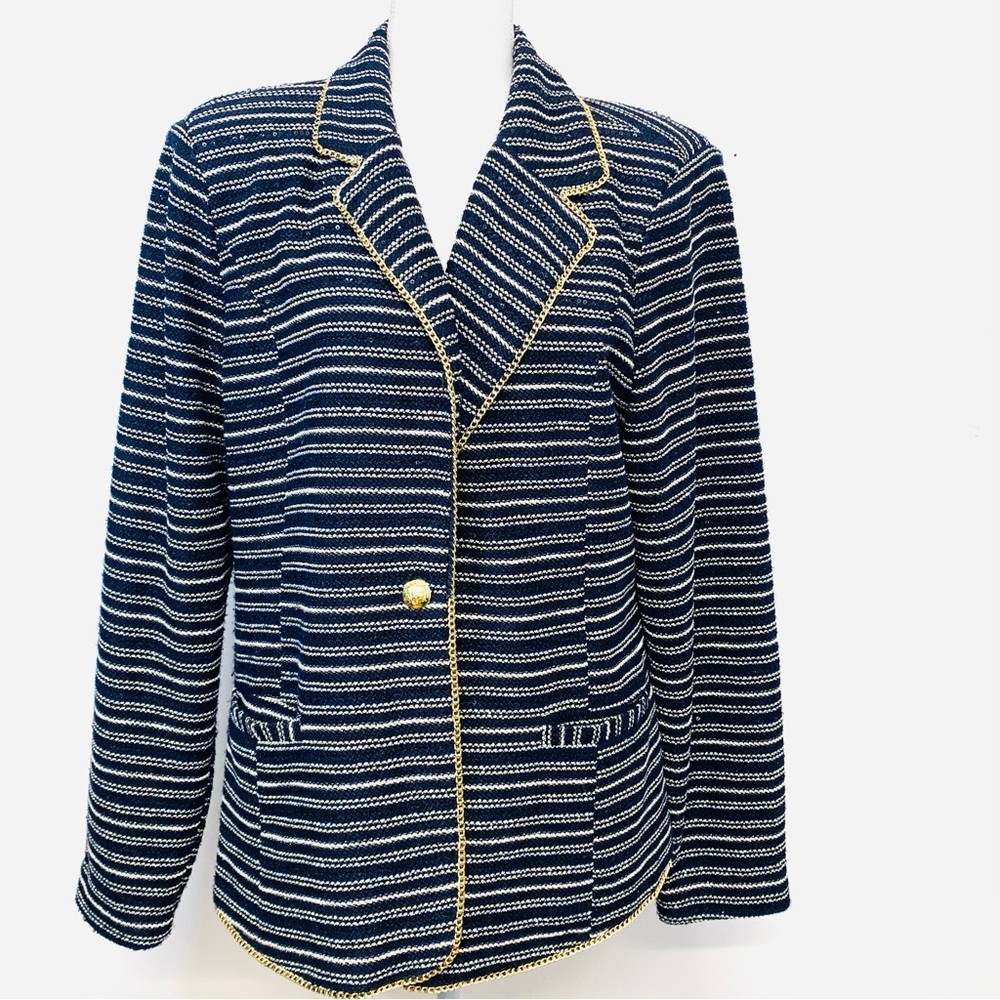 Cable & Gauge Blazer Jacket Woman XL Blue Metallic 1 Gold Button Sequin Career